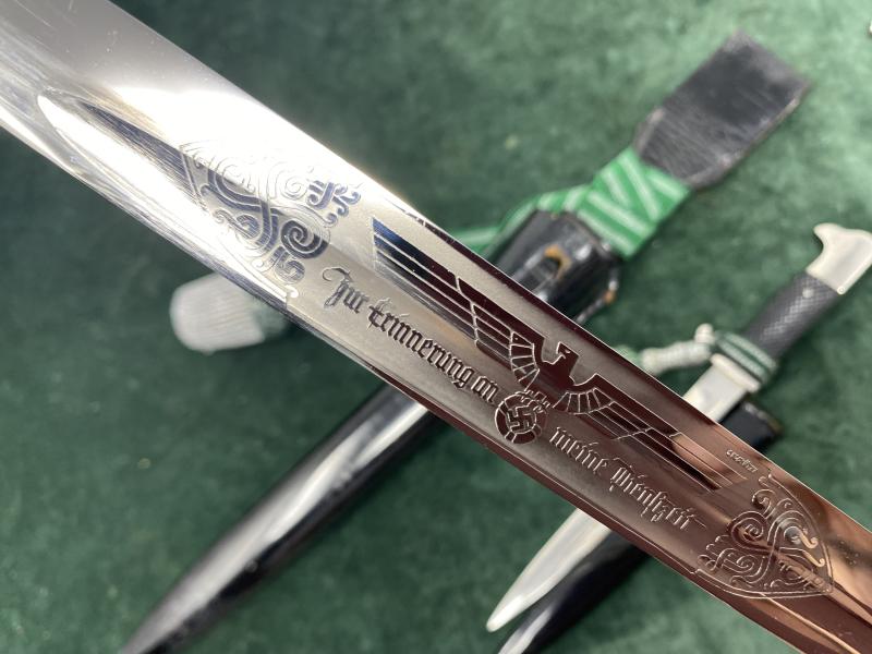 A MINT, LONG SINGLE ETCHED DRESS BAYONET WITH MATCHING MINIATURE!!