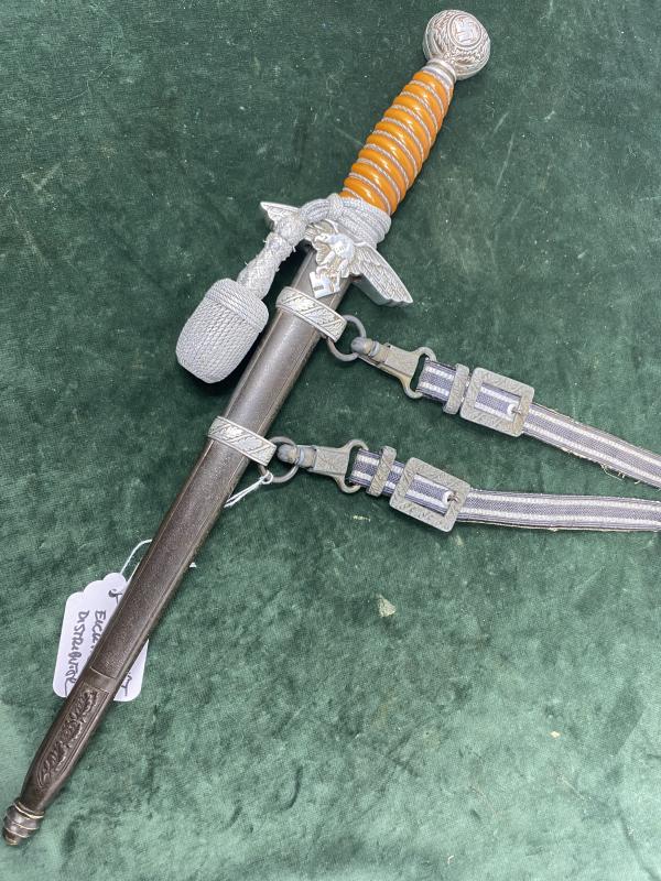 LUFTWAFFE 2nd Pattn. DAGGER BY EICKHORN WITH DISTRIBUTOR MARKED BLADE, HANGERS & KNOT.