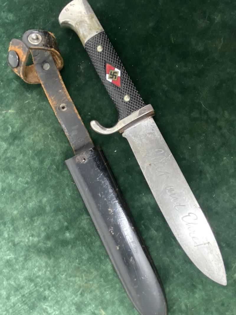 VERY EARLY HJ KNIFE WITH MOTTO, BY HERM KONEJUNG.